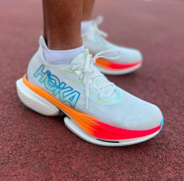 HOKA performance running shoes with cushioned sole and breathable mesh upper